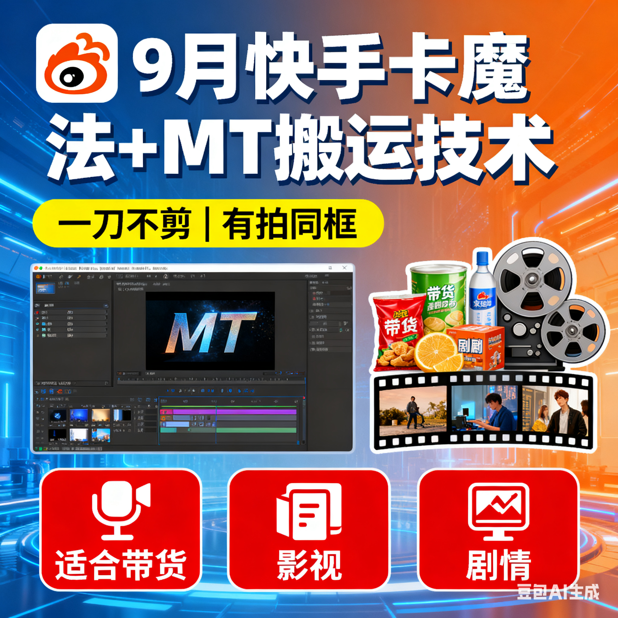 9月快手卡魔法+MT搬运技术,一刀不剪,有拍同框,适合带货,影视,剧情-亮剑学堂