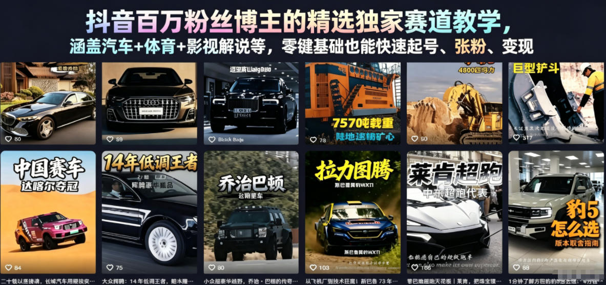 抖音百万粉丝博主的精选独家赛道教学,涵盖汽车+体育+影视解说等,零基础也能快速起号、涨粉、变现-亮剑学堂